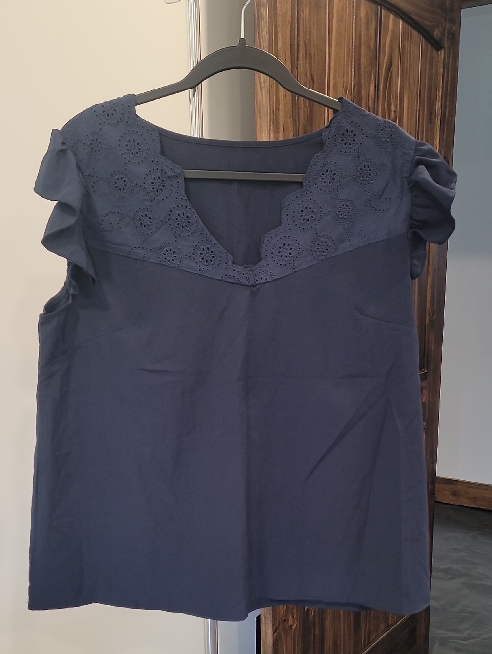 SHEIN Navy Eyelet V-Neck Ruffle Sleeve Tank Top